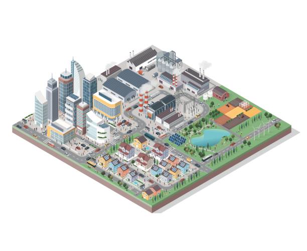 векторный изометрический город со зданиями, людьми и транспортными средствами - factory green industry landscape stock illustrations