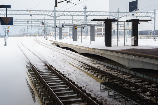 Welwyn Garden City, UK - 27 December, 2017 - Welwyn Garden City railway station and Broadwater industrial area covered in winter snow