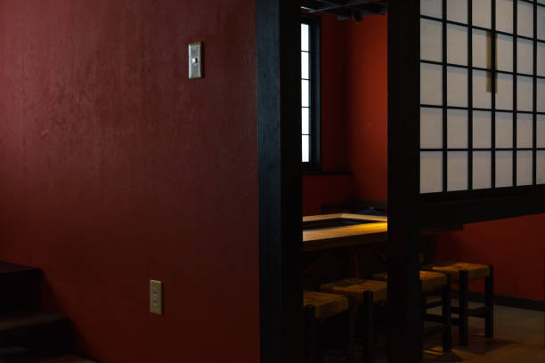 istock Interior design of Japanese restaurant with red and yellow 673552466