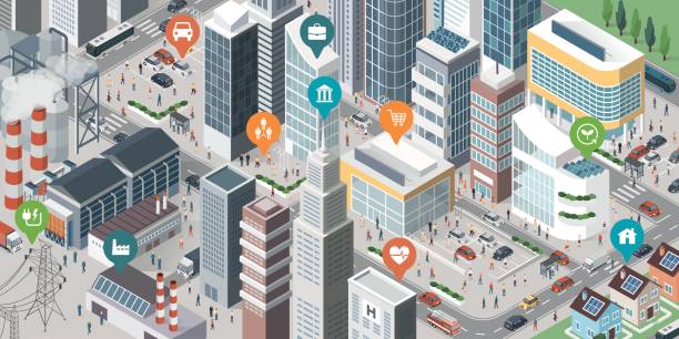 Smart city banner Isometric smart city with skyscrapers, industrial area, residential area, people and vehicles; location pins on the top of the buildings traffic illustrations stock illustrations