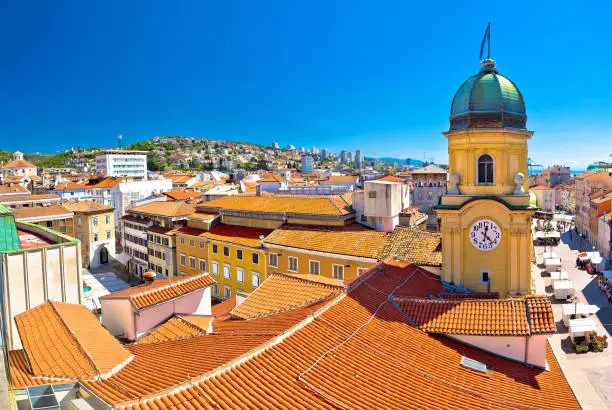 City of Rijeka clock tower and central square panorama, Kvarner bay, Croatia