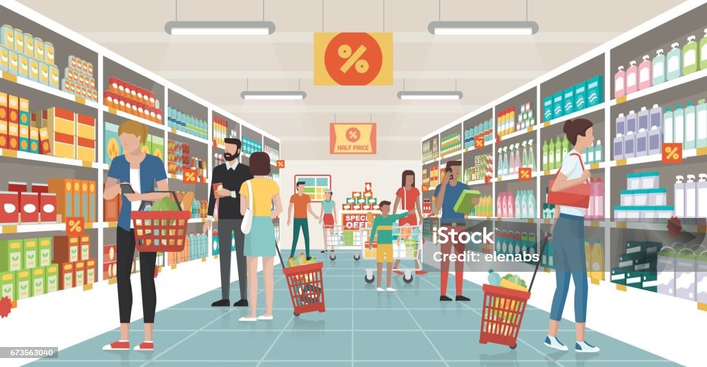 Menschen beim Einkaufen im Supermarkt - Lizenzfrei Supermarkt Vektorgrafik