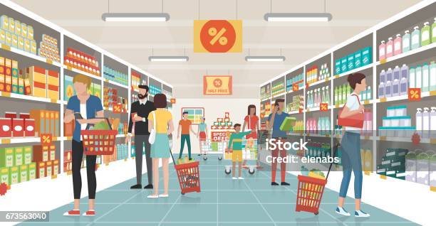 Gens Du Shopping Au Supermarché Vecteurs libres de droits et plus d'images vectorielles de Supermarché - Supermarché, Faire les courses, Commerce