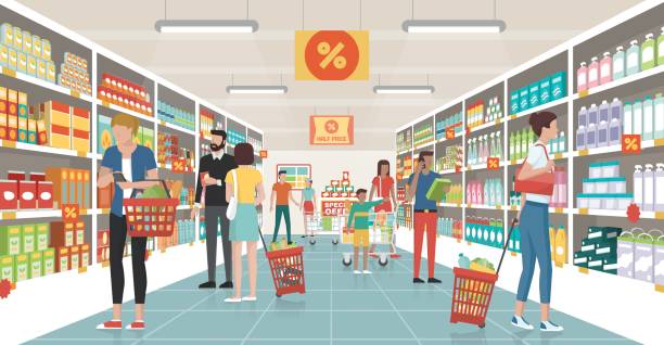 People shopping at the supermarket People shopping at the supermarket, they are choosing products on the shelves and pushing carts or shopping baskets discount store illustrations stock illustrations