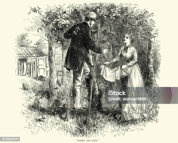 Victorian Couple Picking Apples In The Orchard 19th Century Stock Illustration - Download Image Now