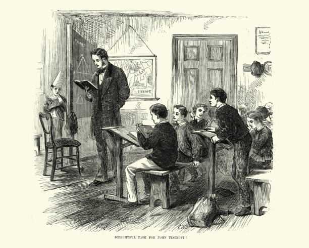 illustrations, cliparts, dessins animés et icônes de écoliers victoriens et apprentissage d’enseignant dans la salle de classe, 19ème siècle - 19th