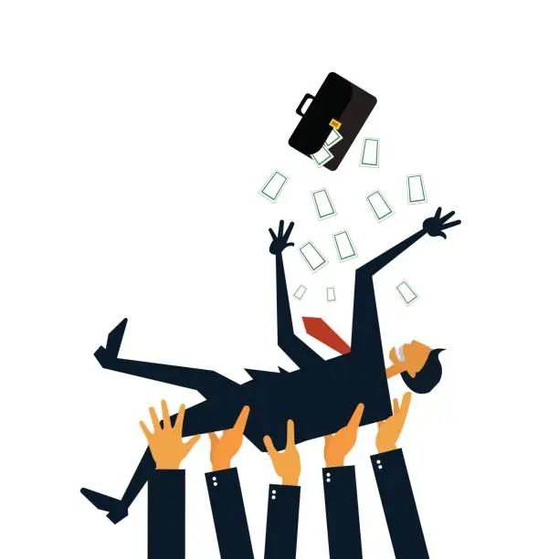 Vector illustration of Successful businessman being thowing up by his teamwork or colleague Feeling and emotion concept in success and team work