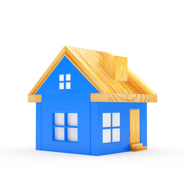 Blue-roofed small house on white background.