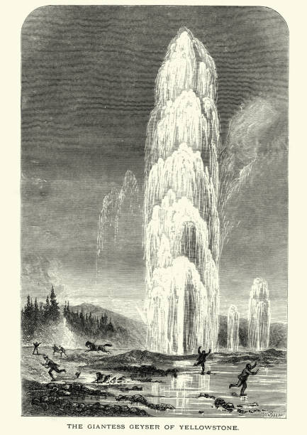 Vintage engraving of the Giantess Geyser is a fountain-type geyser in the Upper Geyser Basin of Yellowstone National Park. It is known for its violent and infrequent eruptions of multiple water bursts that reach from 100 to 200 feet , Leisure Hour, 1872