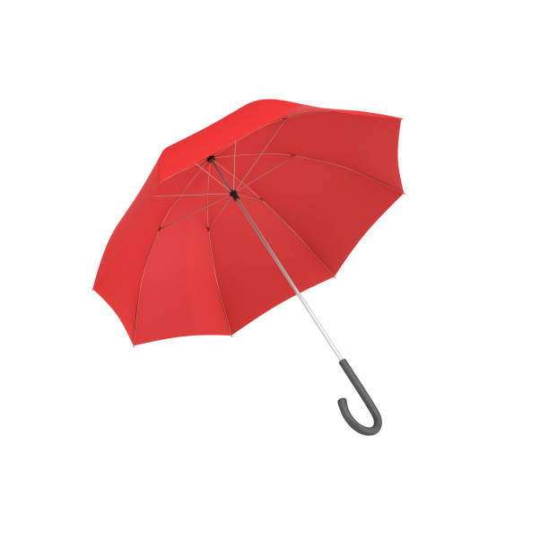istock 3d rendering of an open red umbrella with a black curved handle isolated on white background 673567860
