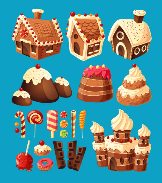 Vector 3D cartoon icons of sweets for game design Vector 3D cartoon icons of sweets gingerbread houses, cake castles, chocolate, various lollipops to create your own graphic design. Elements of design for games gingerbread house cartoon stock illustrations
