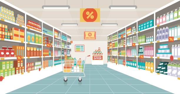 Supermarket aisle with shopping cart Supermarket aisle with shelves, grocery items and full shopping cart, retail and consumerism concept groceries illustrations stock illustrations