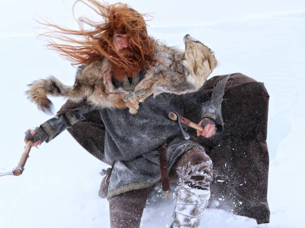 istock Battle Attack Medieval Winter Snow Viking Warrior, Animal Pelt 673573930