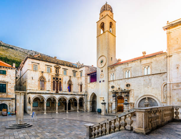 Sunrise over Dubrovnik city square. Sunrise over old city center of town Dubrovnik, marble view at public outdoors architecture in famous european travel destination. croatian culture photos stock pictures, royalty-free photos & images