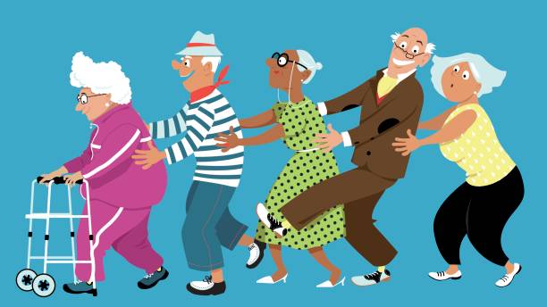 Dancing conga Diverse group of active senior people dancing a conga line, EPS 8 vector illustration, no transparencies old people dancing stock illustrations