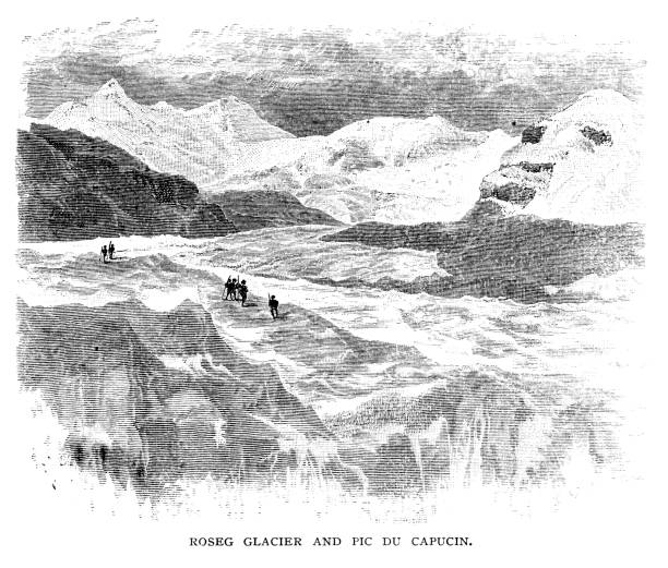 ilustrações, clipart, desenhos animados e ícones de geleira roseg e pic du capucin - glacier mountain ice european alps