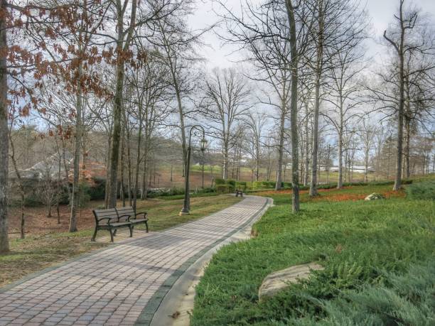 Landscaped Meandering Curved Brick Road Walking Path Trail,  Bench