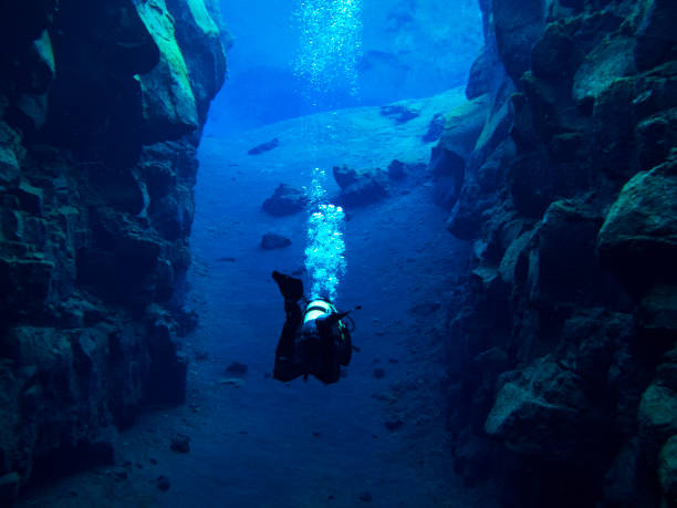 istock Scuba Diver with Bubbles Mid Kick in Continental Split at Silfra in Deep Section at Pingvellir National Park 673582238