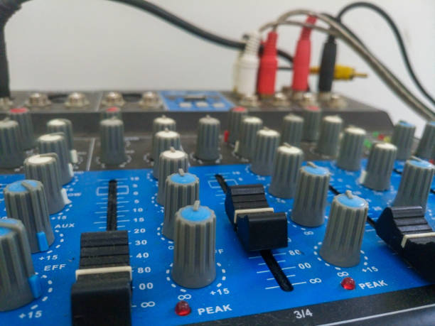 istock Sound music mixer control panel. Close up and soft focus on blurred background. 673585570