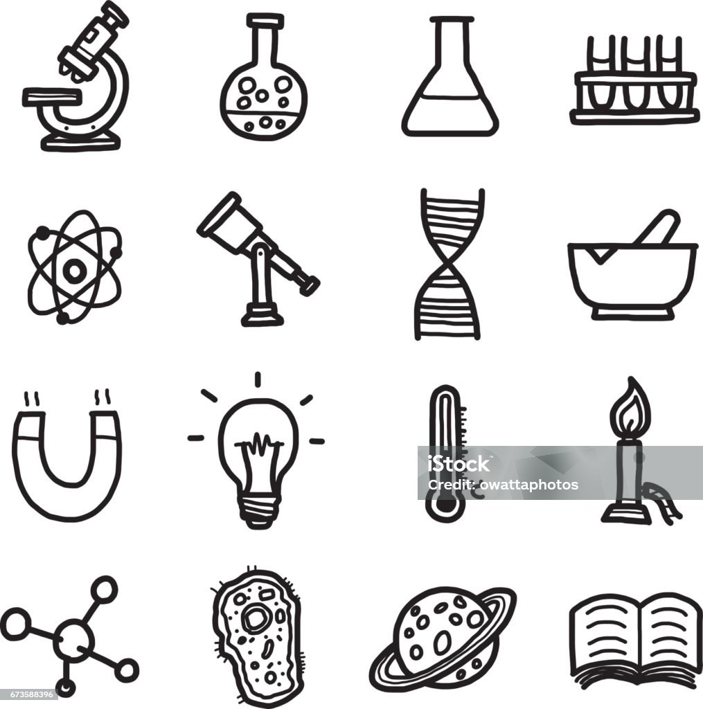 science objects, objects, icons set science objects, objects, icons set / cartoon vector and illustration, hand drawn style, black and white, isolated on white background. Sketch stock vector