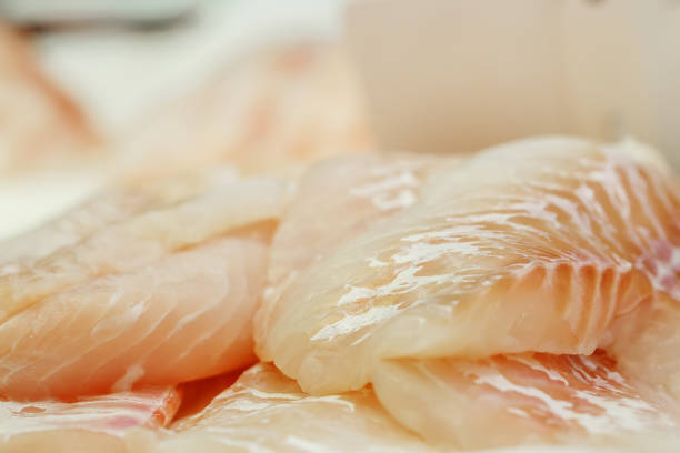 fresh Fish fillets on showcase of seafood market fresh Fish fillets on showcase of seafood market food state preparation shrimp prepared shrimp stock pictures, royalty-free photos & images