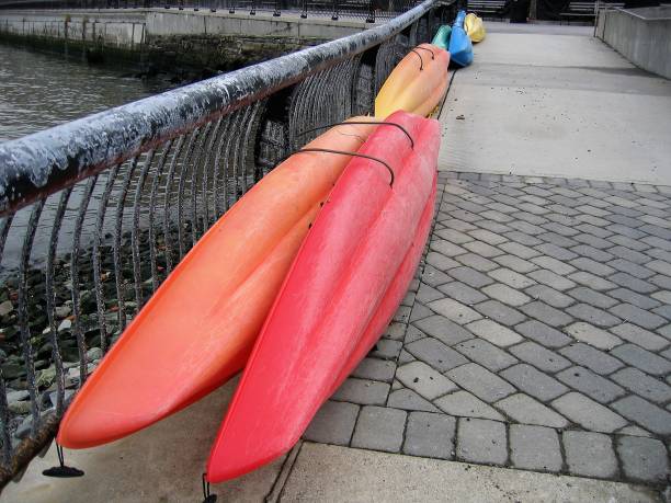 istock Colorful canoes docked at land 673592394