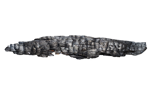 front view of burnt charred wooden log isolated on white background