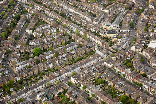 View over city showing urban planning and houses of residential district of Fulham, London, UK.