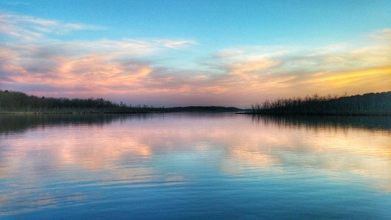 Pink Sunset Reflection, Tree Lined Saratoga Lake, New York