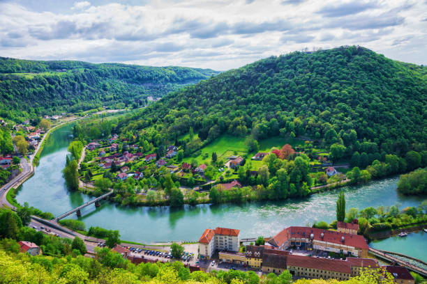 Aerial view to the old city from the citadel in Besancon of Bourgogne Franche Comte region in France Aerial view to the old city from the citadel in Besancon of Bourgogne Franche Comte region in France. doubs photos stock pictures, royalty-free photos & images