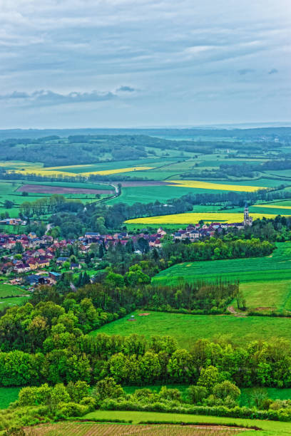 Aerial view on Vezelay in Bourgogne Franche Comte in France Aerial view on Vezelay town and village in Avallon of Yonne department in Bourgogne Franche Comte region, France avallon stock pictures, royalty-free photos & images
