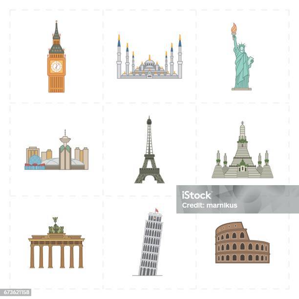 Nine Flat Landmark Icons Stock Illustration - Download Image Now - Asia, Bangkok, Berlin