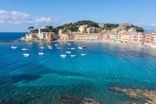 Sestri Levante, Liguria region, Italy. Aprile 22, 2017. A view of the Silence Bay with the town of Sestri Levante on the promontory in a sunny spring morning.
