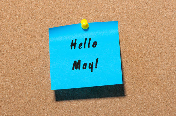 istock Hello May - message at blue sticker pinned at cork notice board. Spring concept 673622490
