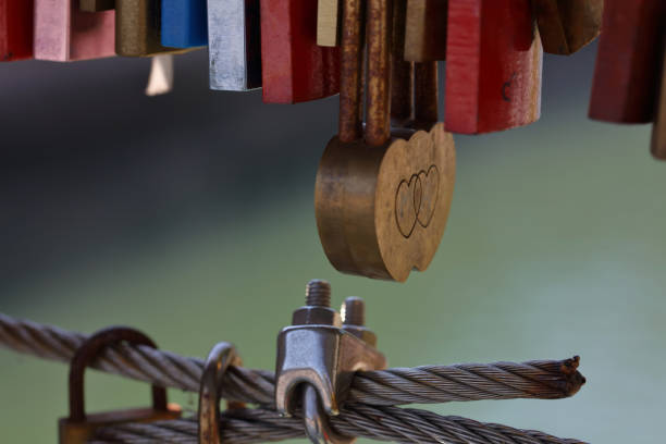 Love concept, old vintage padlocks with heart shape locked on bridge