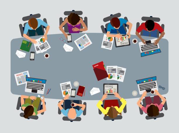 Business Brainstorming Reunion Top View Vector illustration of an aerial view over a table with a Business Brainstorming Reunion conference table stock illustrations