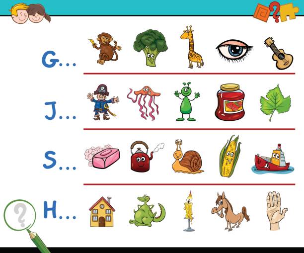 picture first letter activity Cartoon Illustration of Finding Picture Starting with Referred Letter Educational Game for Kids that start with the letter s cartoon stock illustrations