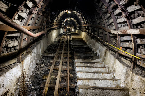 istock Coal mine underground corridor with stairs and railroad track 673651814