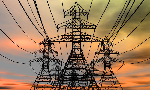 istock Energy towers on an  electric sky background 673663108