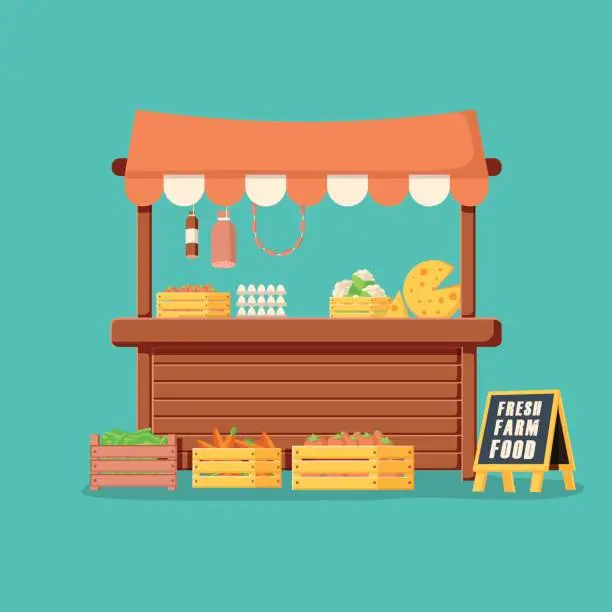 Vector illustration of Traditional wooden market food stall full of groceries products with flags, crates and chalk board.