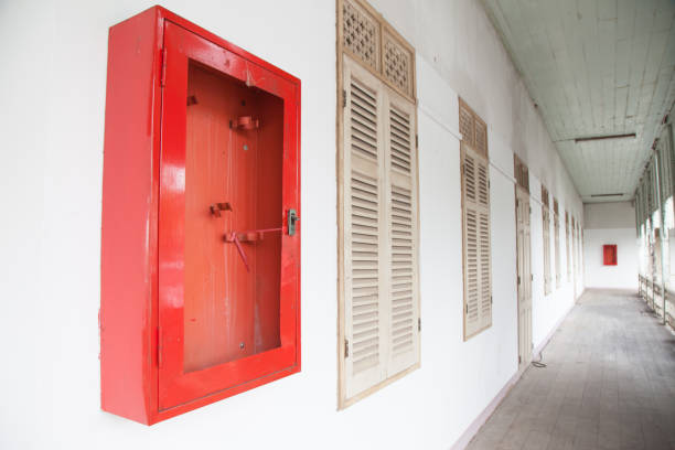 istock Cabinets for fire extinguishers in abandoned building 673691804