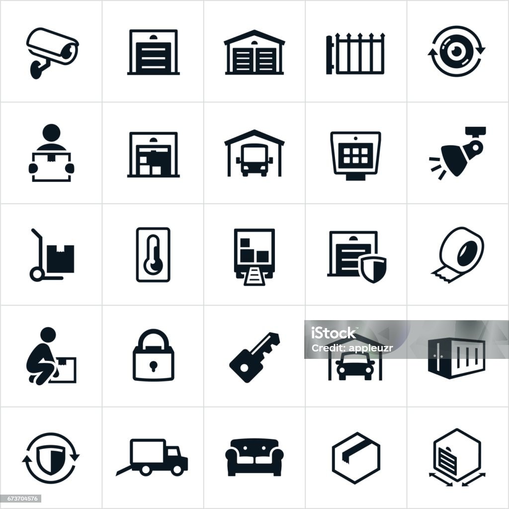 Self Storage Icons A set of self storage icons. The icons include storage units, security camera, surveillance, gate, boxes, furniture, RV storage, keypad, lights, security, climate control, lock, key, packing materials, moving materials, moving truck and storage locker to name a few. Icon Symbol stock vector