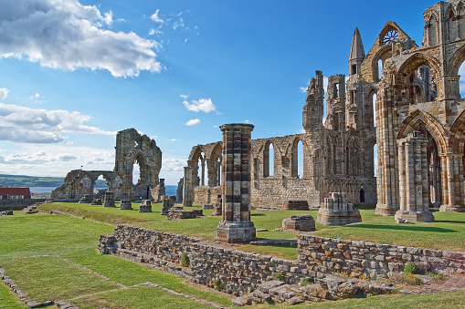 Whitby Abbey of North Yorkshire, in the UK. It is ruins of the Benedictine abbey. Now it is under protection of the English Heritage.