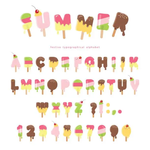 Vector illustration of Ice cream melted font. Popsicle colorful letters and numbers can be used for summer design. Isolated on white.