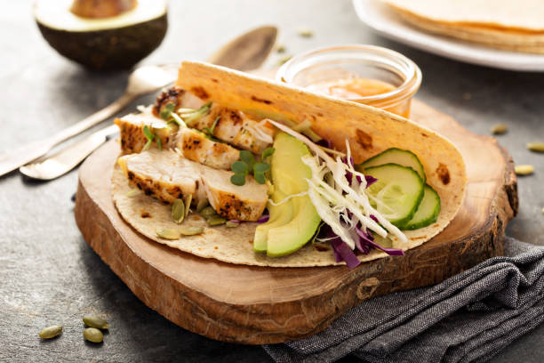 istock Making tacos with grilled chicken and avocado 673716386