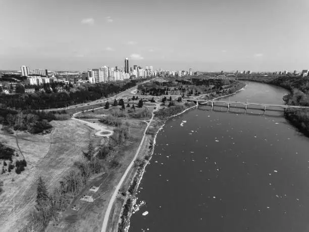 Black and white photographs of the downtown edmonton core in black and white. Shot with drone.