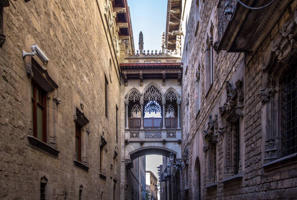 istock Neogothic bridge at Carrer del Bisbe in Barcelona 673723458