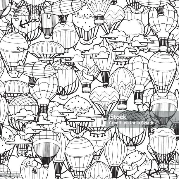 Seamless Pattern Of Different Hot Air Balloons In The Sky Hand Drawn Illustration In Retro Style Stock Illustration - Download Image Now