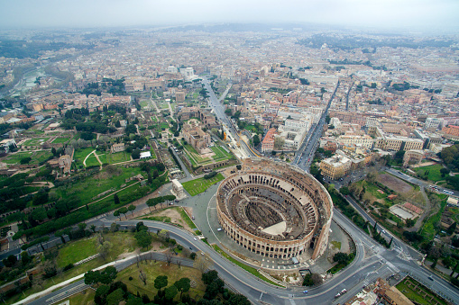 Aerial shot of the Colosseum in Rome, Italy