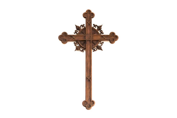 istock Old wooden cross, white background with copy space 673734958